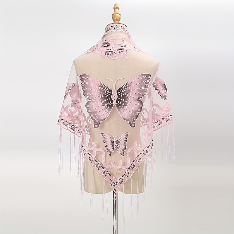 Butterfly Embroidered Tassel Shawl Triangle Scarf Lace Wrap for Party
