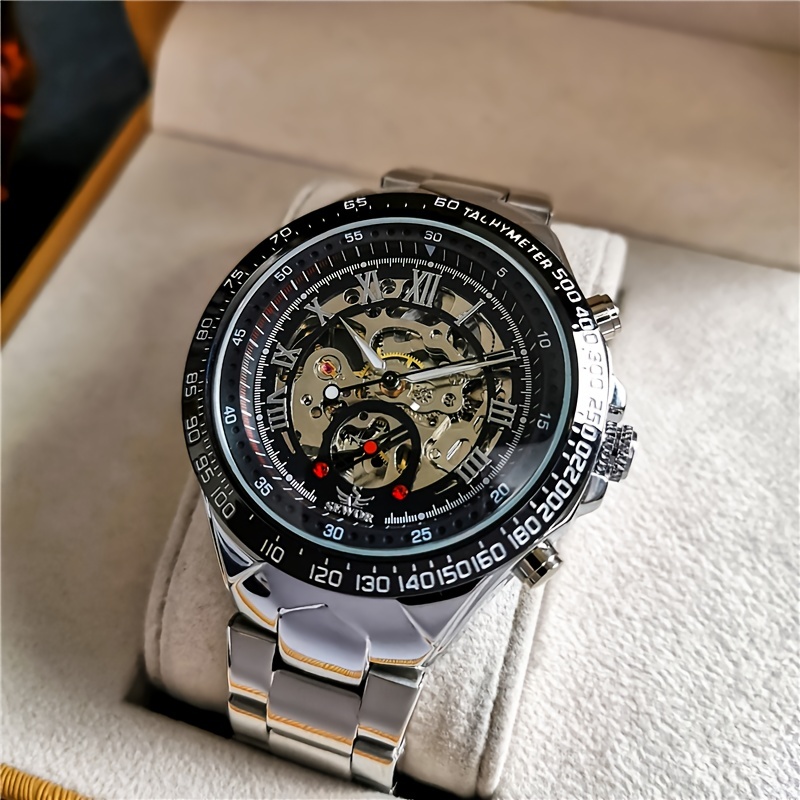 

1pc Men's Fashionable Classic Fully Automatic Mechanical Watch, Hollowed Out Design Dial Wrapped Edge Folding Buckle Strap Watch