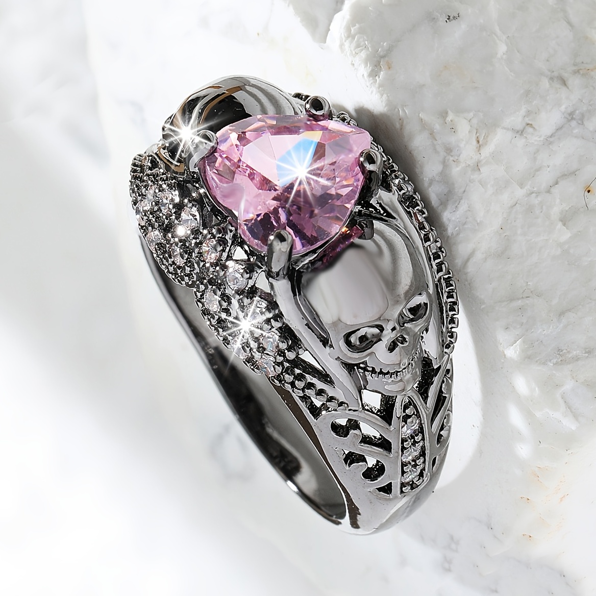 Skull Pink Heart Zircon Ring for Women
