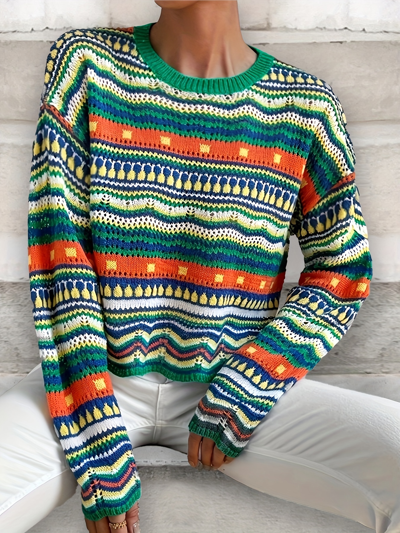 Ethnic Print Eyelet Knit Sweater Casual Crew Neck Long Sleeve Sweater