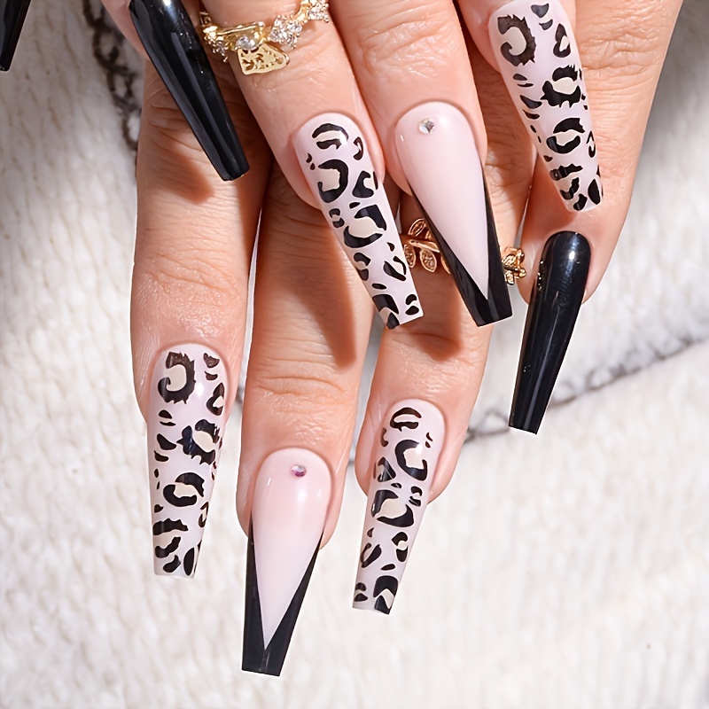 Glossy Nude French Animal Print Press on Fake Artificial Nails