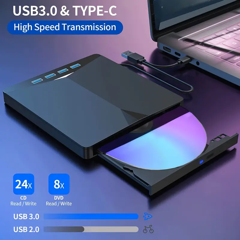 Lecteur CD DVD externe pour ordinateur portable, USB 3.0 & Type-C