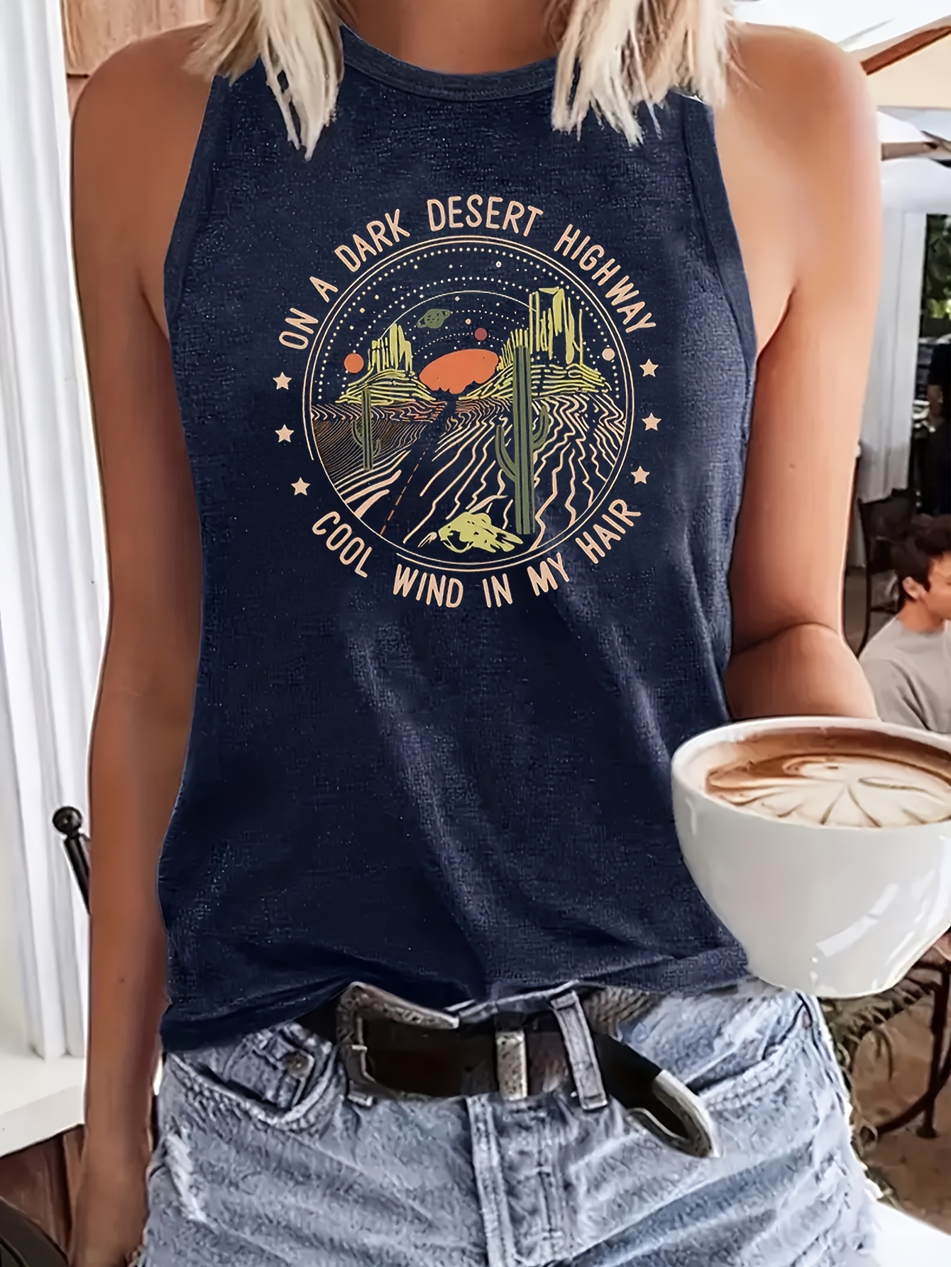 Graphic & Letter Print Crew Neck Tank Top, Casual Sleeveless Top For Spring & Summer, Women's Clothing