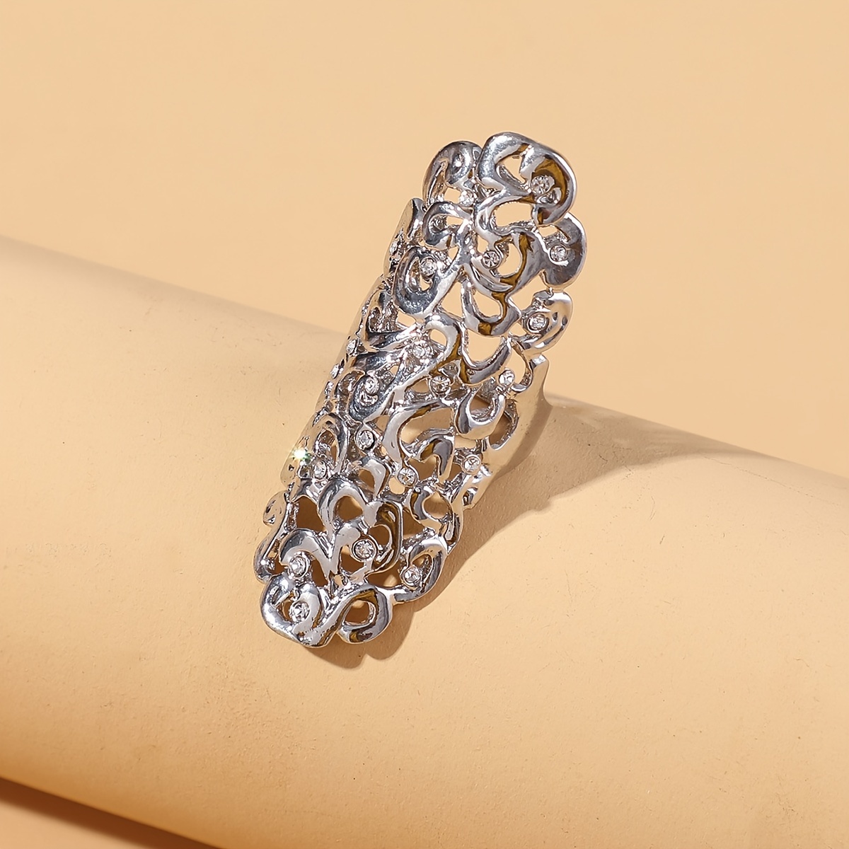 Exaggerated Long Hollow Open Ring, Silver Plated Adjustable Ring