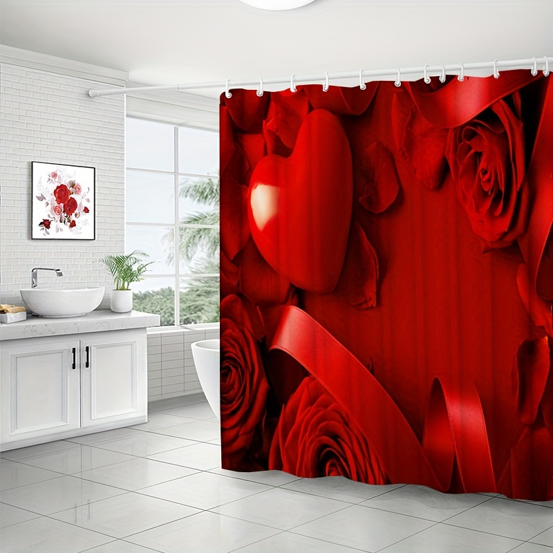 Rose Shower Curtain Red Waterproof Decoration Plastic Hooks - Temu