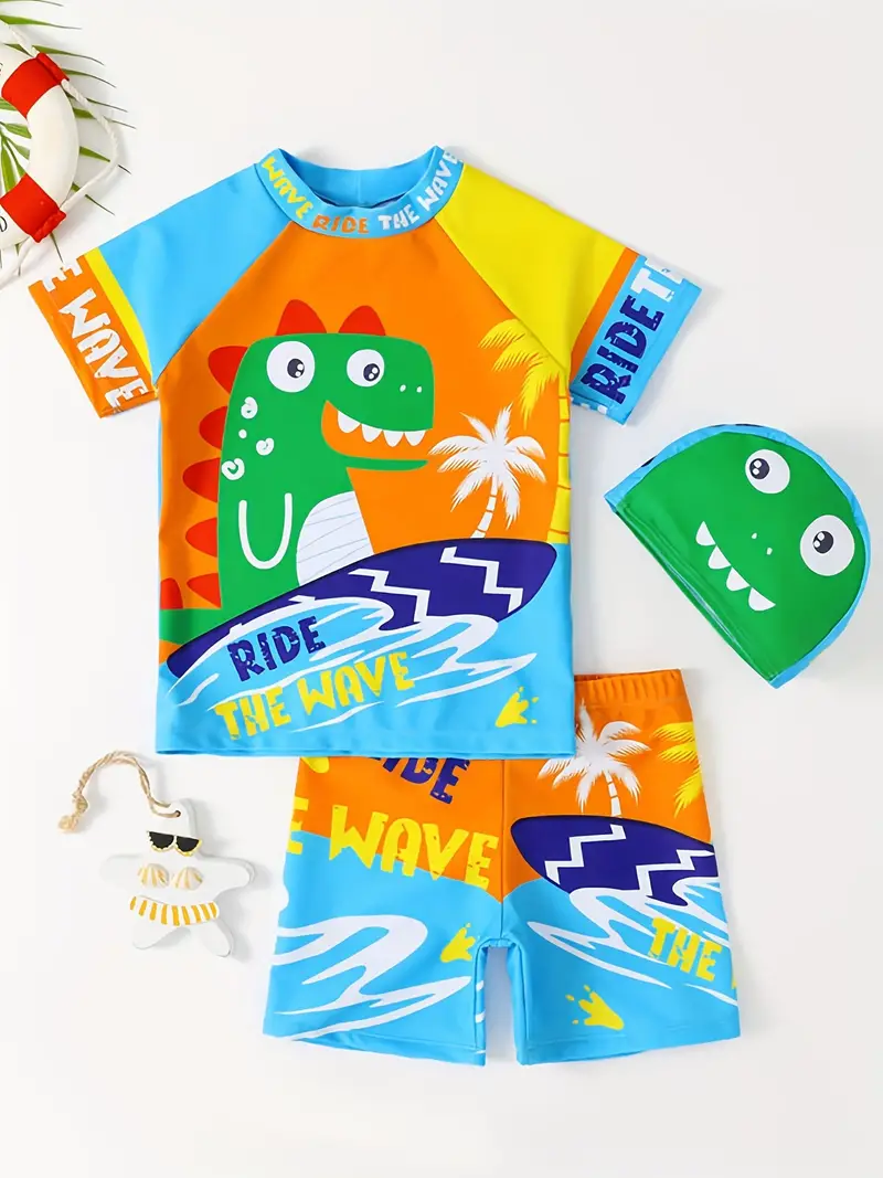 boys cartoon dinosaur ride the wave color block swimming suit swimming trunks tops cap casual kids clothes details 1