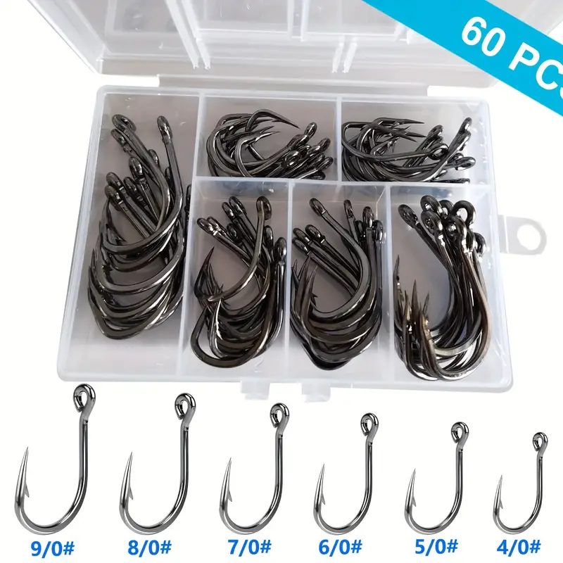 60pcs/box Extra Strong Stainless Steel Circle Fishing Hooks - 6 Sizes  (4/0-9/0) - Perfect for Catching Big Fish