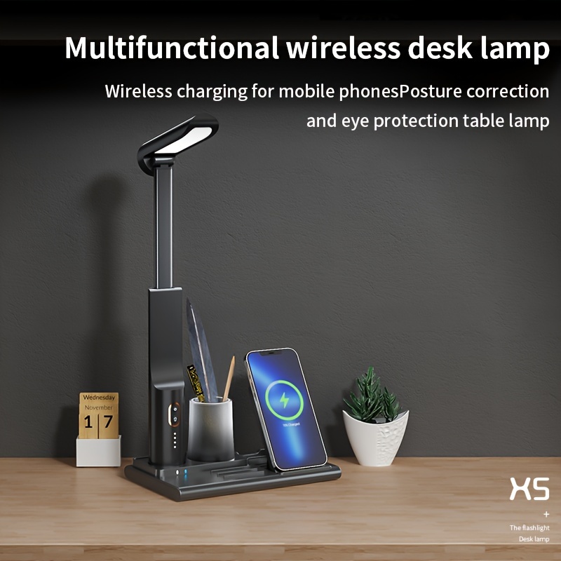 Lámpara de escritorio LED, lámpara de escritorio con cargador inalámbrico,  adecuada para el hogar, oficina, lámpara de escritorio regulable, con