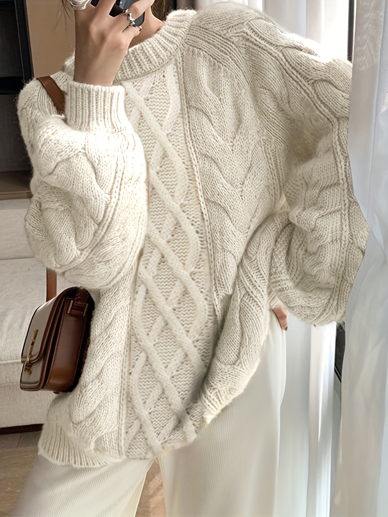 solid crew neck cable knit sweater casual long sleeve oversized sweater womens clothing