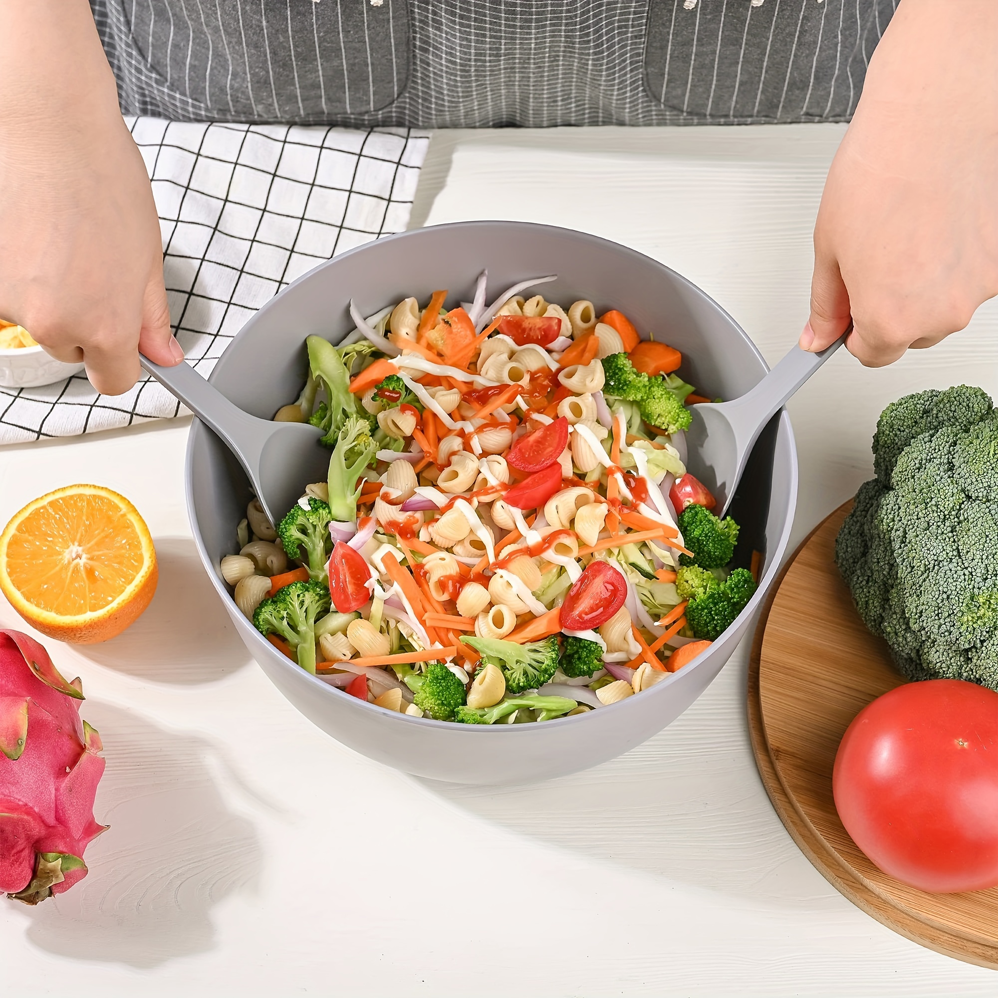 Salad Bowl with Lid, Large Salad Bowl with Tongs, Bamboo Fiber