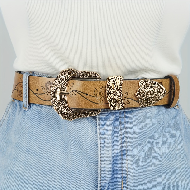 n085 wide 3 8cm retro carved flower print womens belt dark brown light brown casual belt autumn and winter y2k versatile belt   decorated with jeans suits and long skirts girls decoration accessories holiday gifts details 1