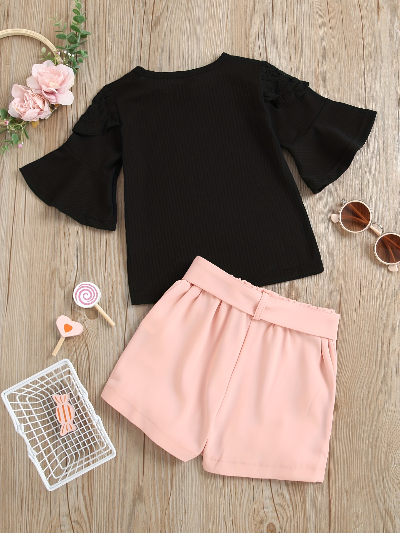 Girl's Elegant Shorts Outfit, Ribbed Trumpet Sleeve Top & Shorts