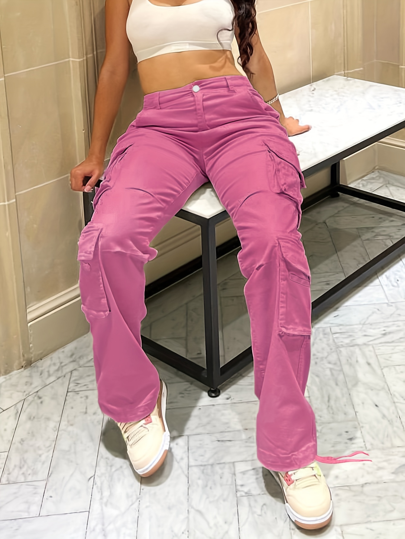 Pantalon Jean Cargo Mujer Ancho Rigido Bolsillos Pink Rock