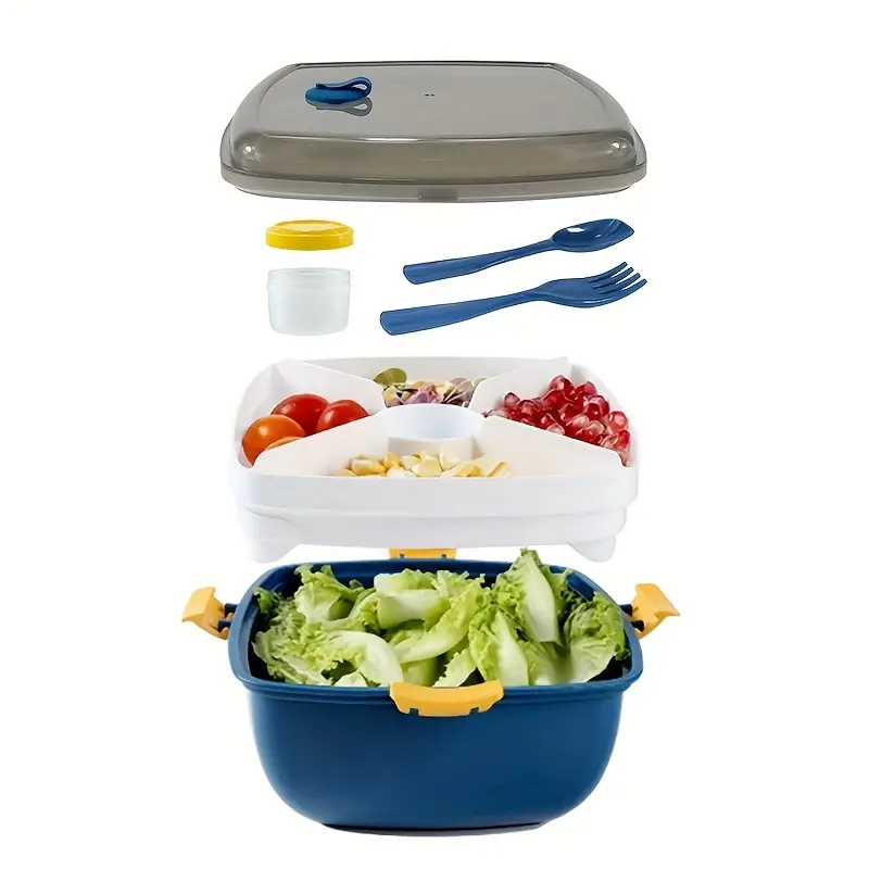 1 Set All-in-One Salad Container, Large 41-oz Salad Bowl, 4-Compartment  Tray For Toppings, 1.7-oz Sauce Container For Dressings, And Built-In  Utensil