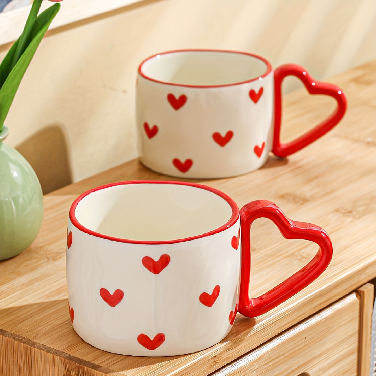 1pc Hand-painted Ceramic Coffee Mug, Heart-shaped Handle, Creative Mark Cup,  Cute And Lovely Pink