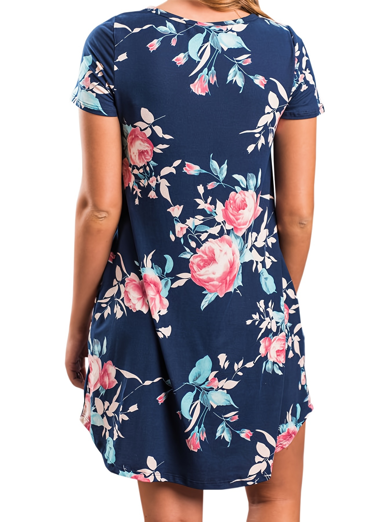 Random Floral Print Pocket Dress Casual Crew Neck Short Temu