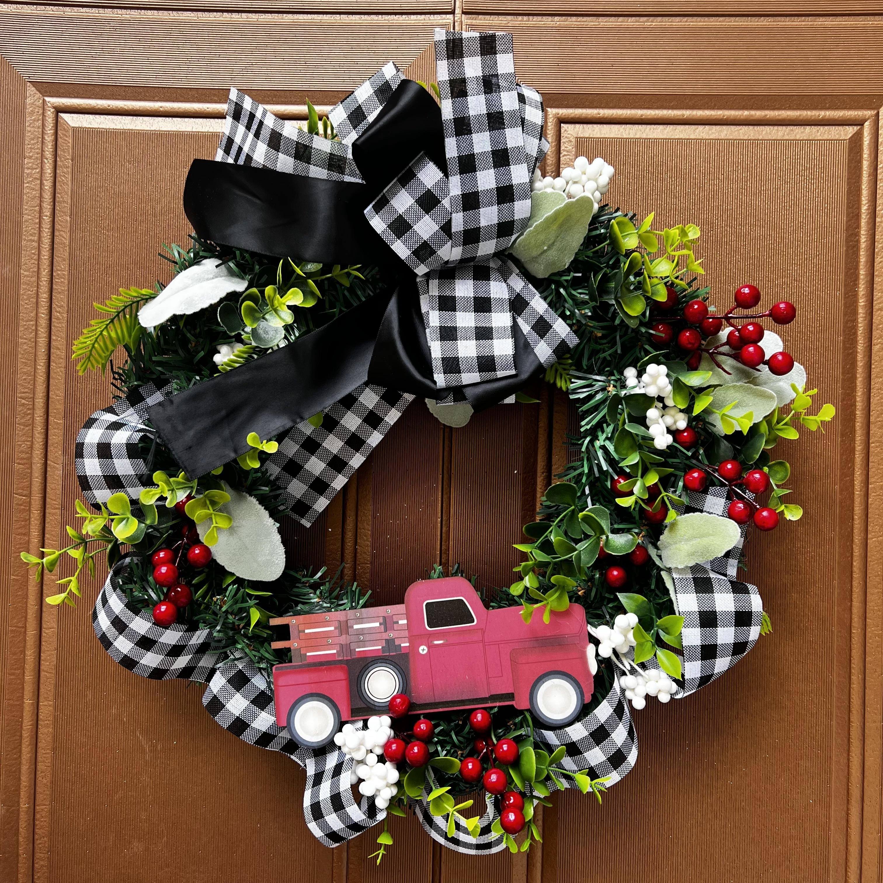 spring wreath for Front Door,Black and White Buffalo Plaid Kitchen Decor w/