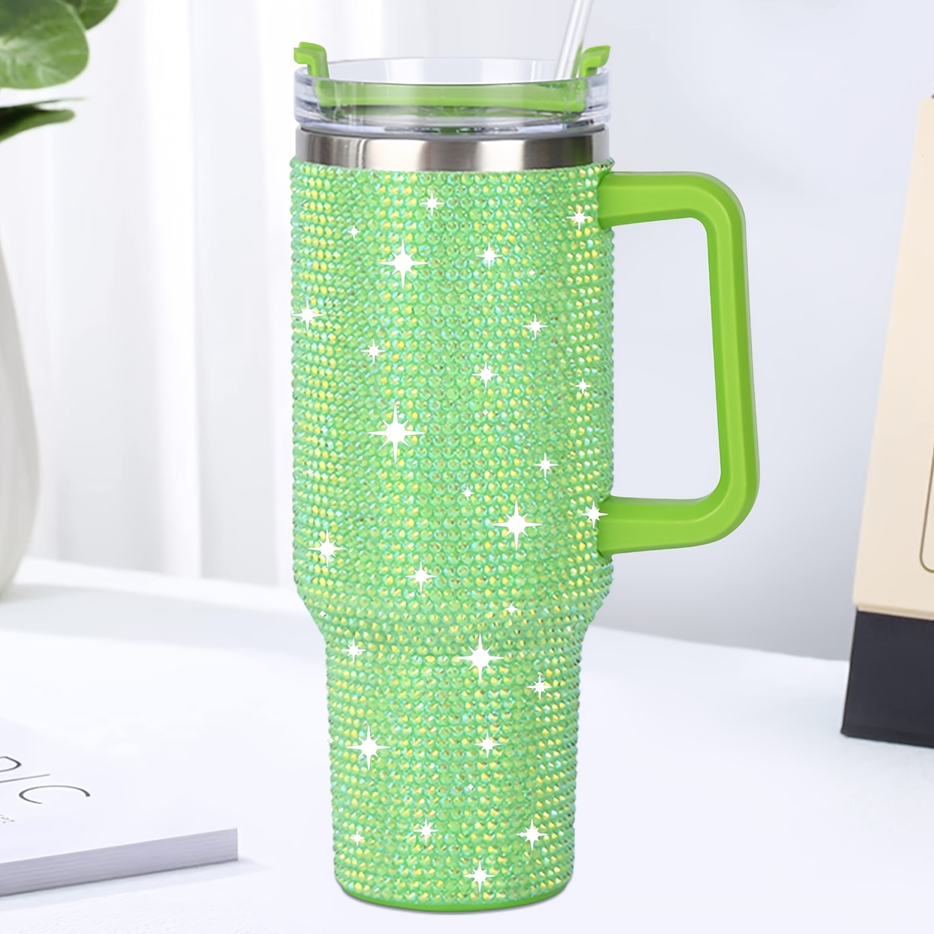 Stainless Steel Rhinestone Tumbler With Straw And Handle - Temu