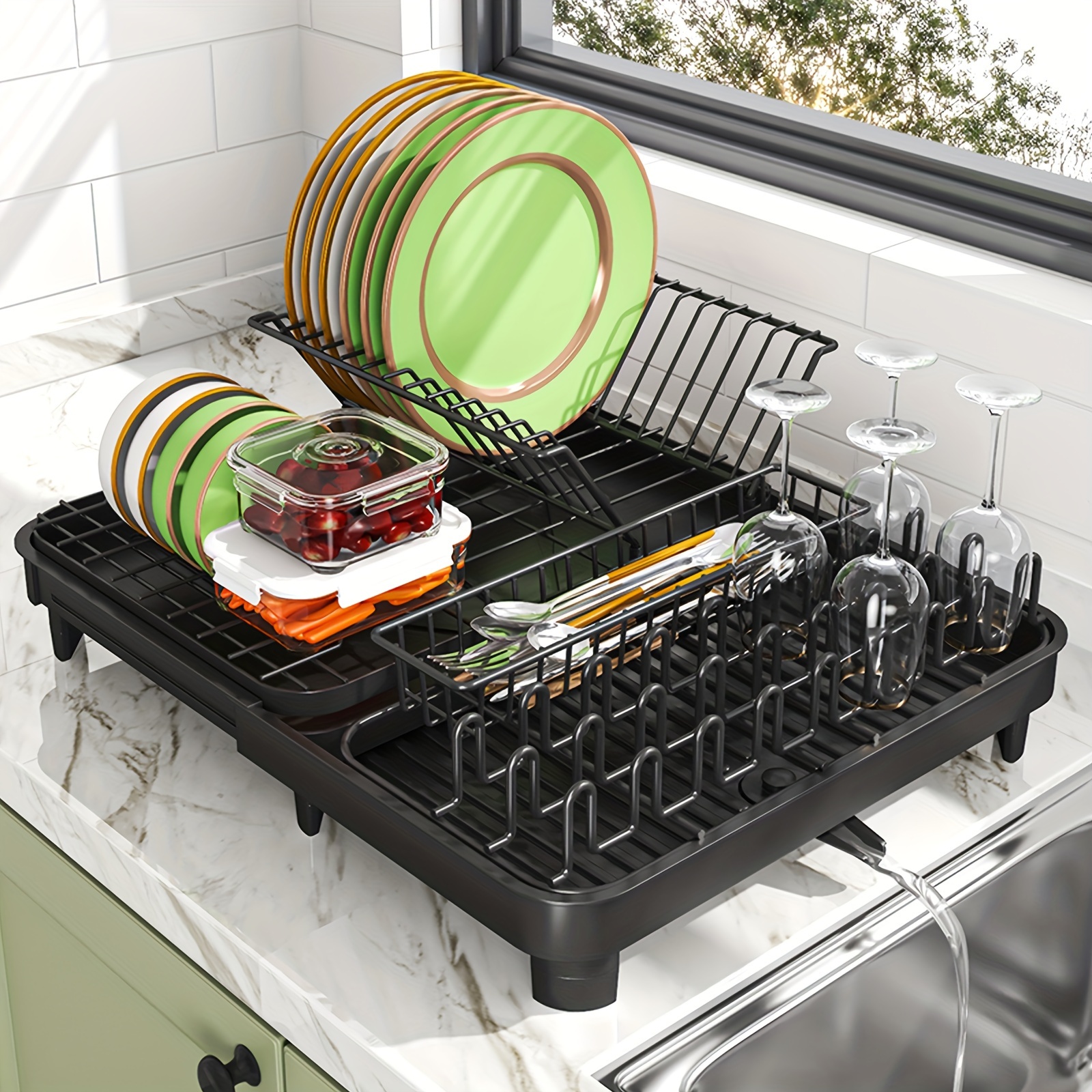 Large Dish Drying Rack With Drainer, Extendable Dish Rack, Multifunctional Dish  Rack, Anti-rust Drying Dish Rack With Cutlery Cup Holders, For Kitchen  Countertop, Kitchen Supplies - Temu