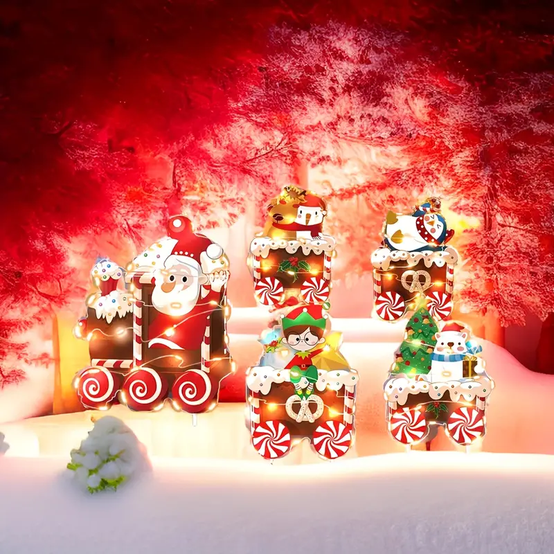 5pcs christmas train station sign with led light christmas tree christmas elf snowman train collection lawn floor insert decoration holiday christmas lawn garden yard decoration without battery details 1