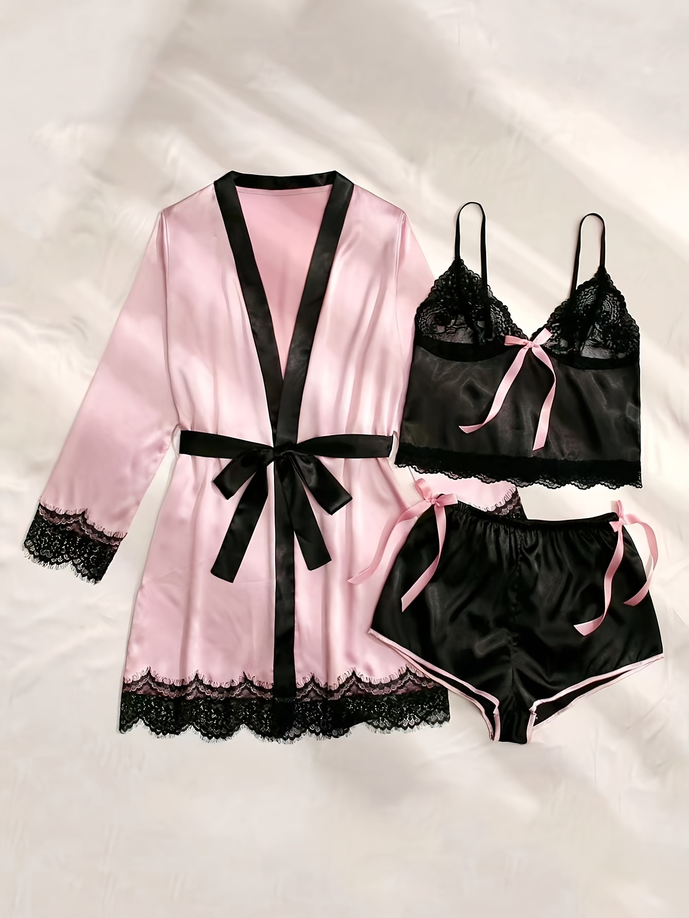 Contrast Lace Lounge Set, Long Sleeve Robe & V Neck Cami Top & Panties &  Shorts, Women's Loungewear & Sleepwear