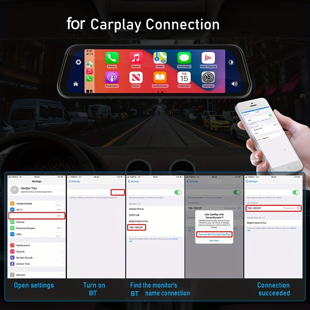 9.66 Dash Cam Mirror Wireless Apple CarPlay Android Auto Front