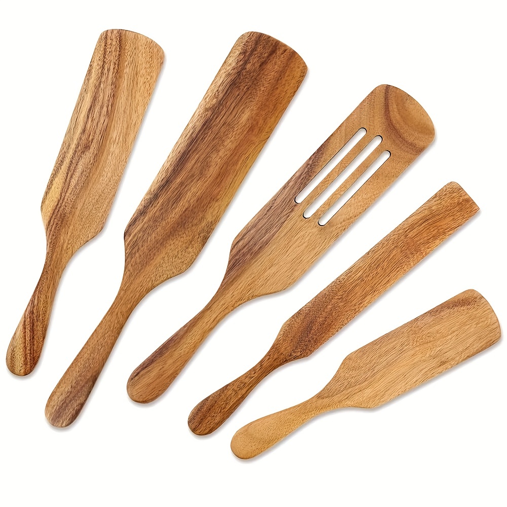 

5pcs Natural Acacia Wood Cookware Set - Includes Spatula, Salad Hand, Mixer, And Spurtles - Perfect For Healthy Cooking