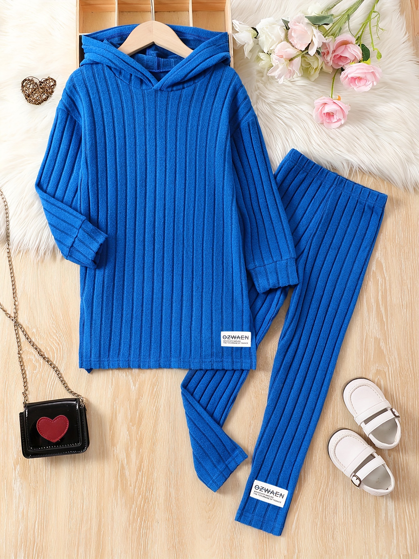 Girls Ribbed Knit Outfits Hooded Pullover + Pants Set Spring - Temu