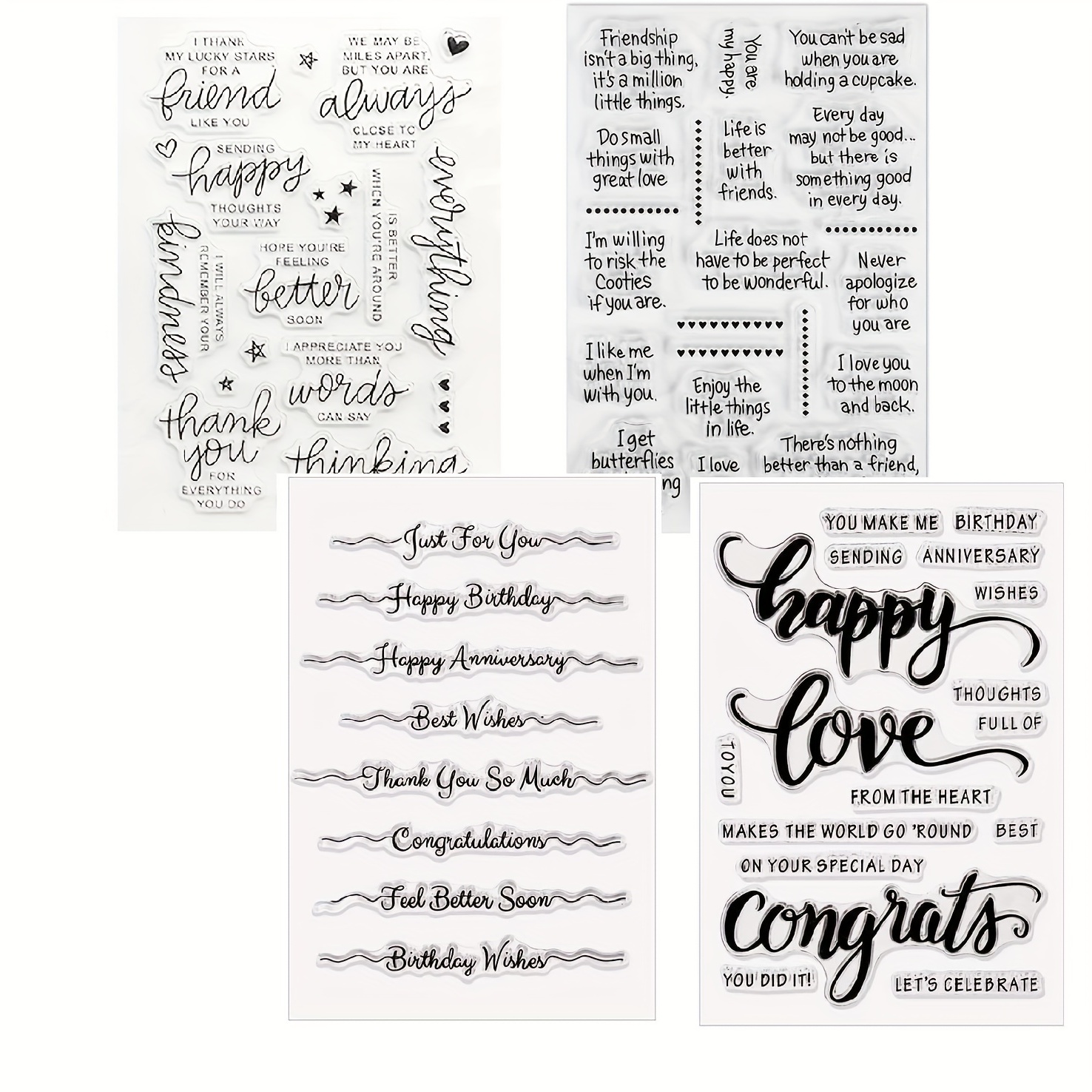 4pcs Words Clear Stamps Silicone Stamp Cards with Greeting Words