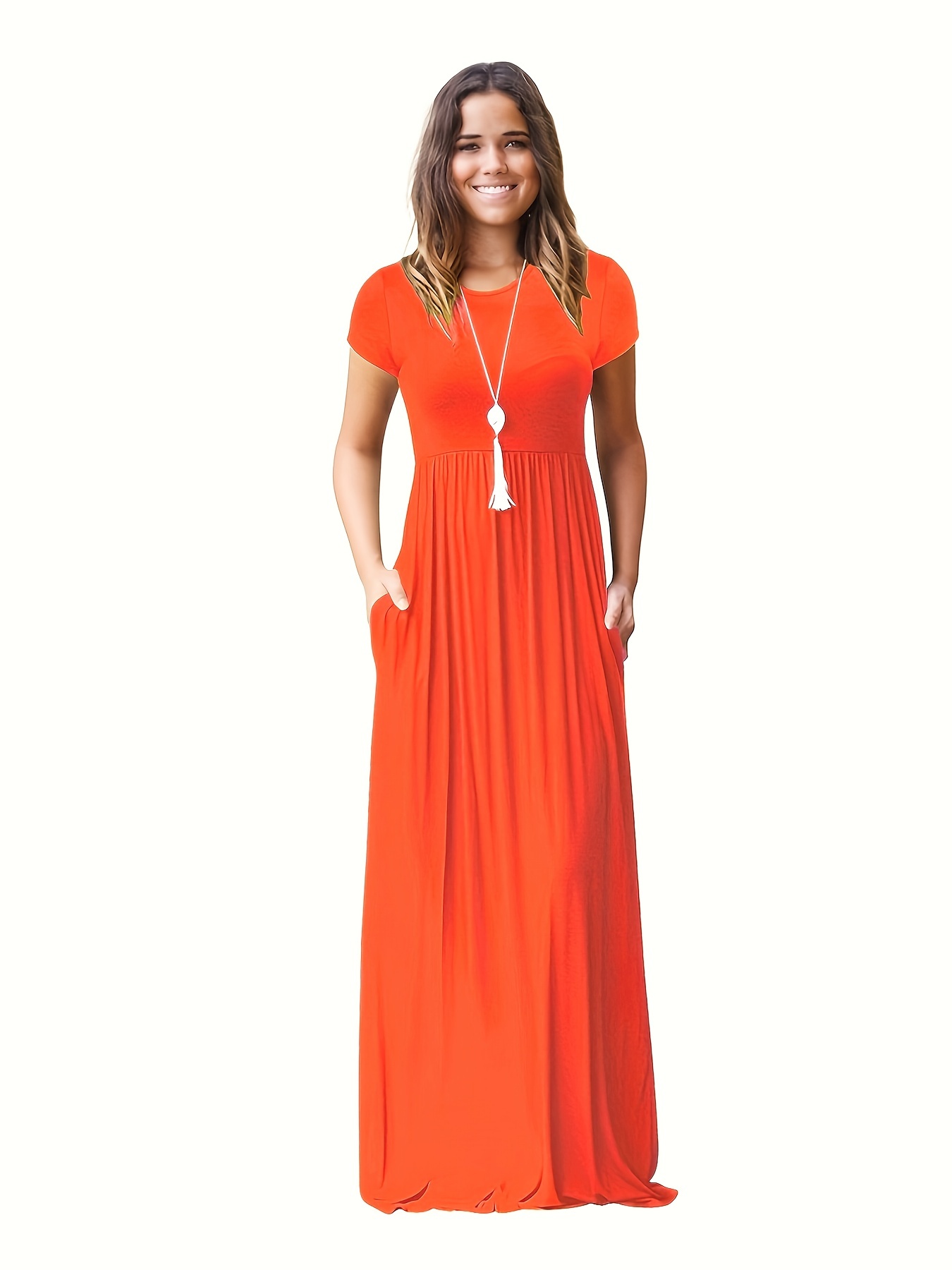 pleated maxi dress casual crew neck short sleeve dress with pockets womens clothing