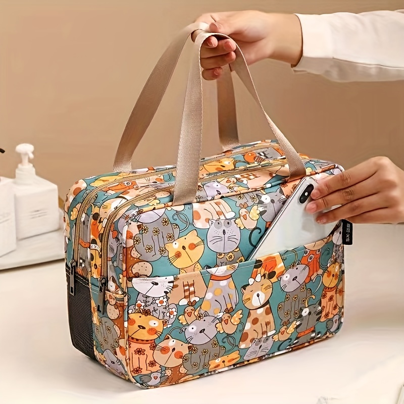 

1pc Cartoon Cat Makeup Storage Bag, Toiletry Travel Bag With Convenient Handle, Travel Cosmetic Organizer, Multi-layer Portable Cosmetic Bag, Travel Organizer For Accessories