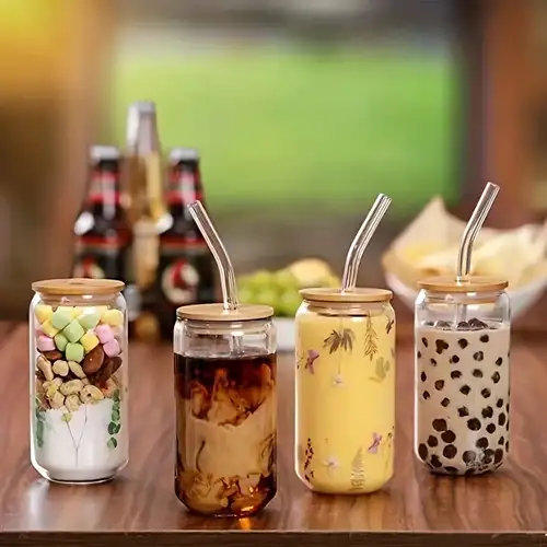 Drinking Glasses With Bamboo Lids And Glass Straw Set, Can Shaped Glass Cups,  Beer Glasses, Iced Coffee Glasses, Cute Tumbler Cup, Ideal For Cocktail,  Whiskey, Gift, Drinkware - Temu