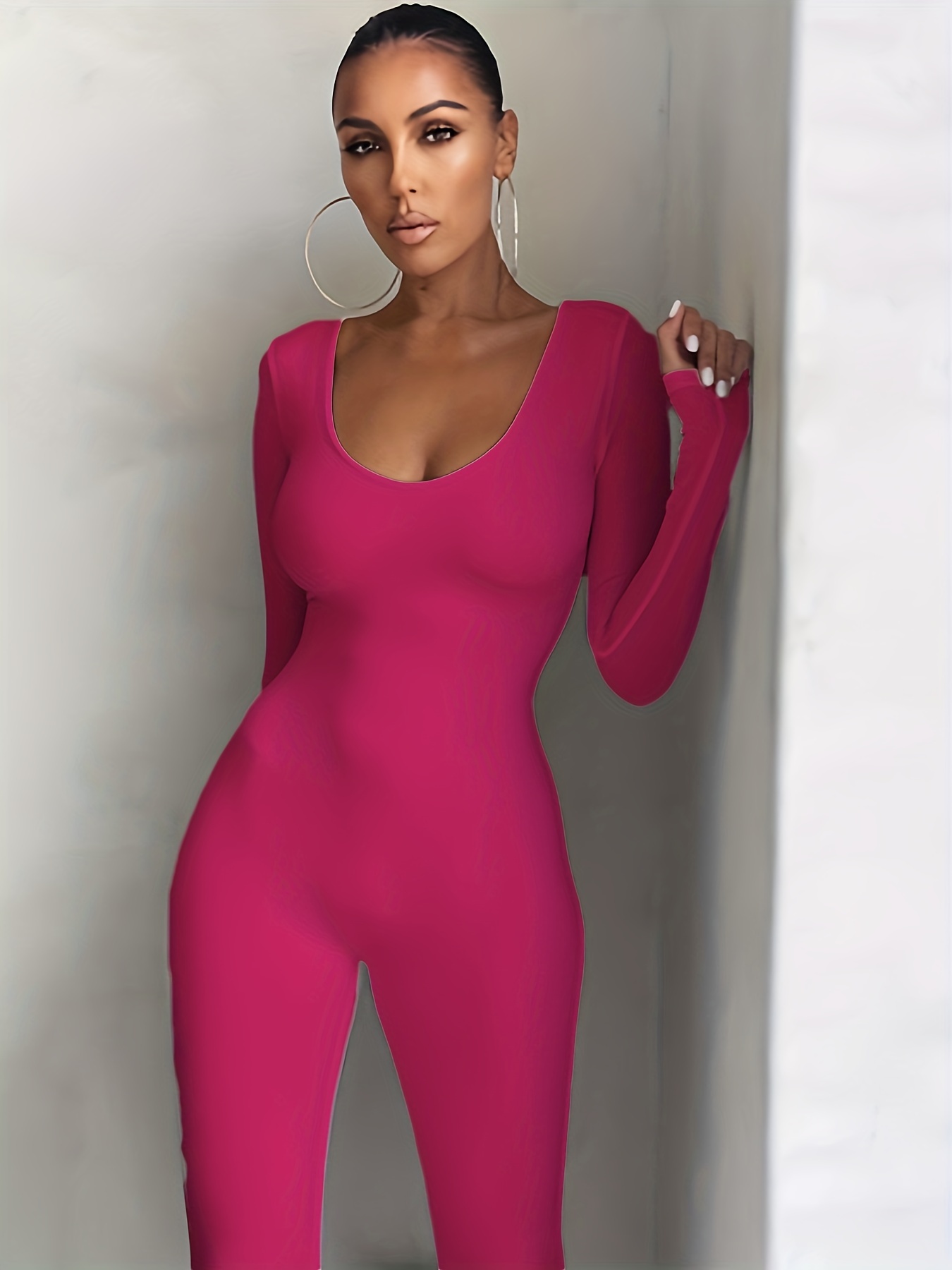 Casual Long Sleeve Bodycon Jumpsuit Skinny Crew Neck - Temu