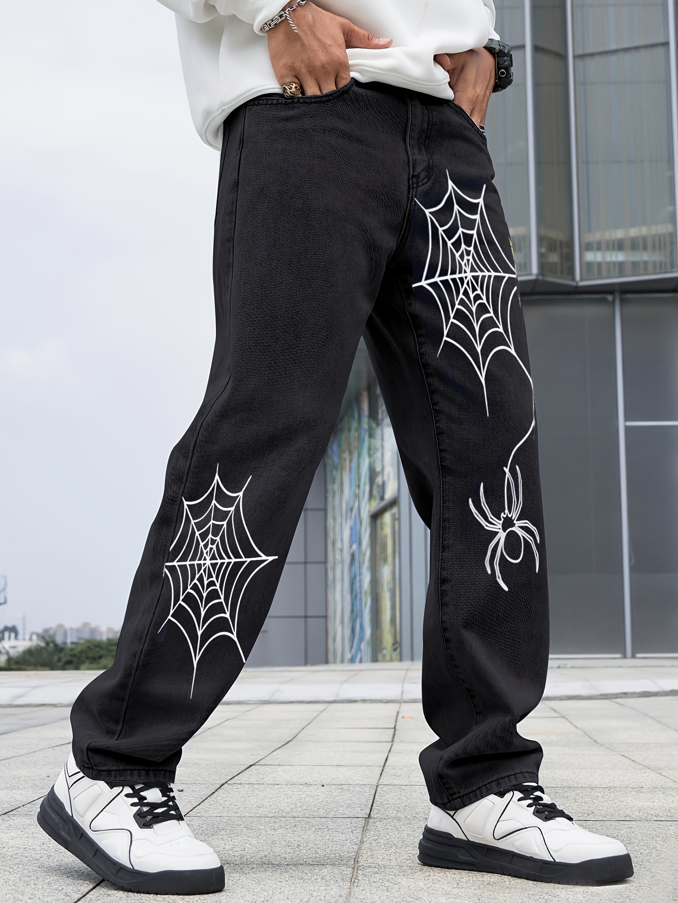 Spider & Spider Web Print Kpop Straight Leg Jeans, Men's Casual Street  Style Denim Baggy Pants