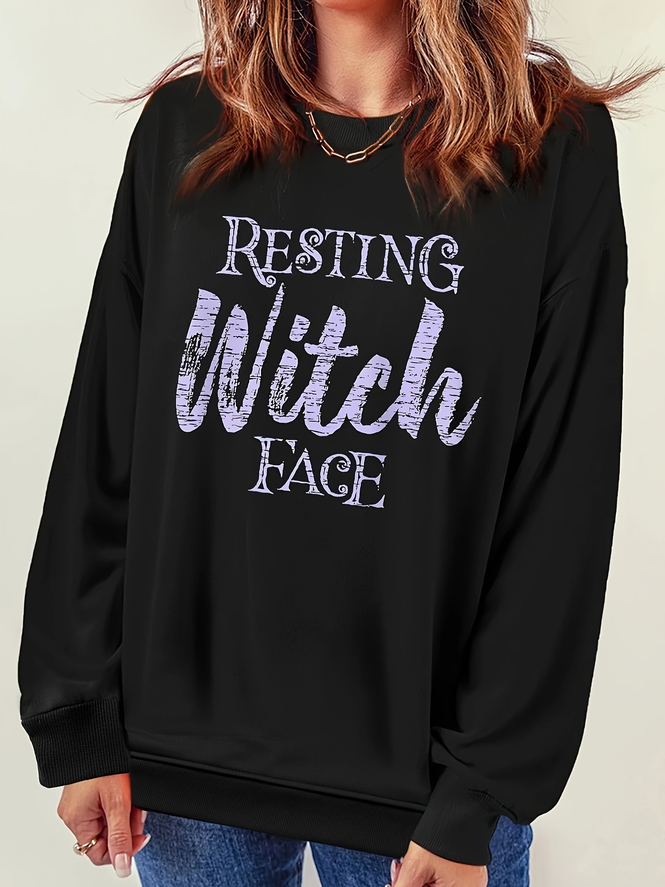 witch letter print sweatshirt casual long sleeve crew neck sweatshirt womens clothing details 1