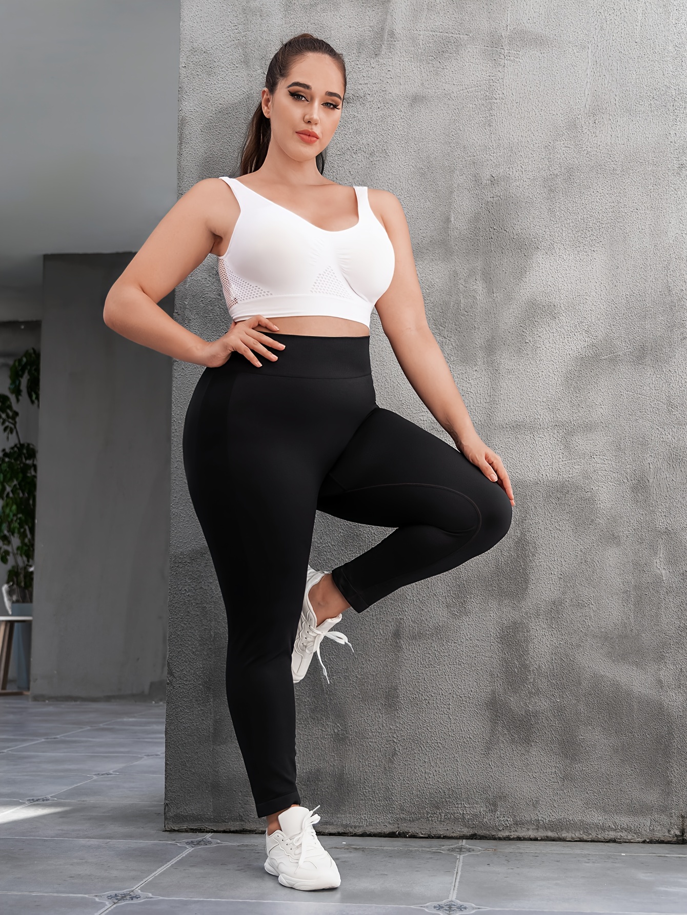 Plus Size Sports Leggings, Women's Plus Solid High * Butt Lifting Stretchy  Skinny Yoga Pants