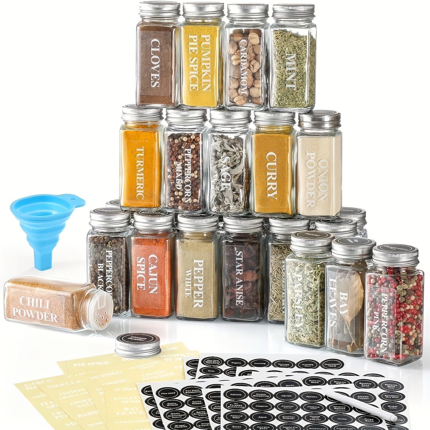 Glass Spice Jars With Labels, Square Empty Spice Bottles With Lid, Foldable  Funnel, Spice Containers, Seasoning Container For Drawers, Cabinets,, Tools  On And Chrismas Halloween Party Supplies - Temu