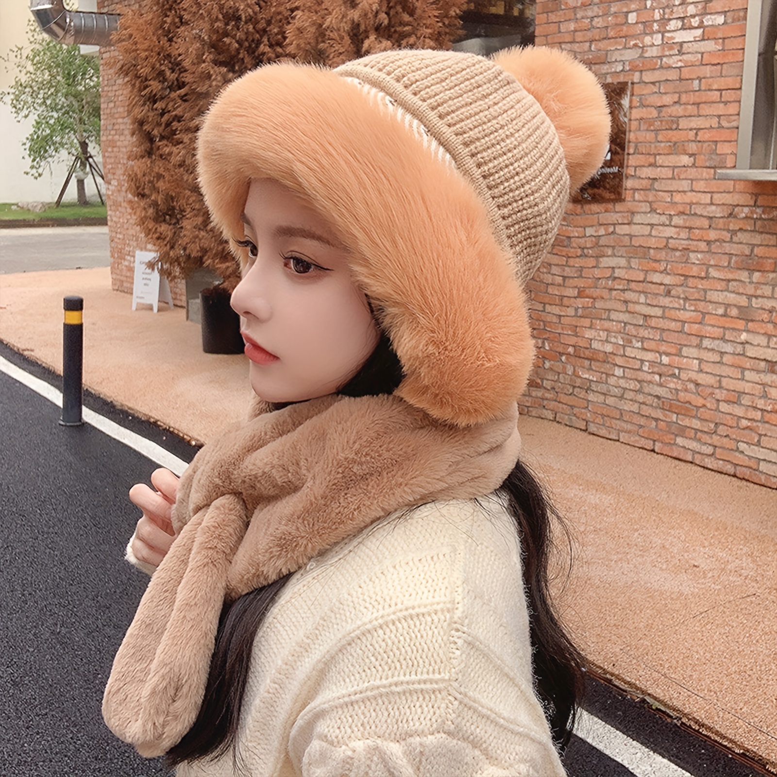 Oversized Faux Fur Beanie With Pom Elegant Faux Pearl Decor Ear Flap Hat  Thick Coldproof Knit Hats For Women Winter Outdoor - Temu Mexico