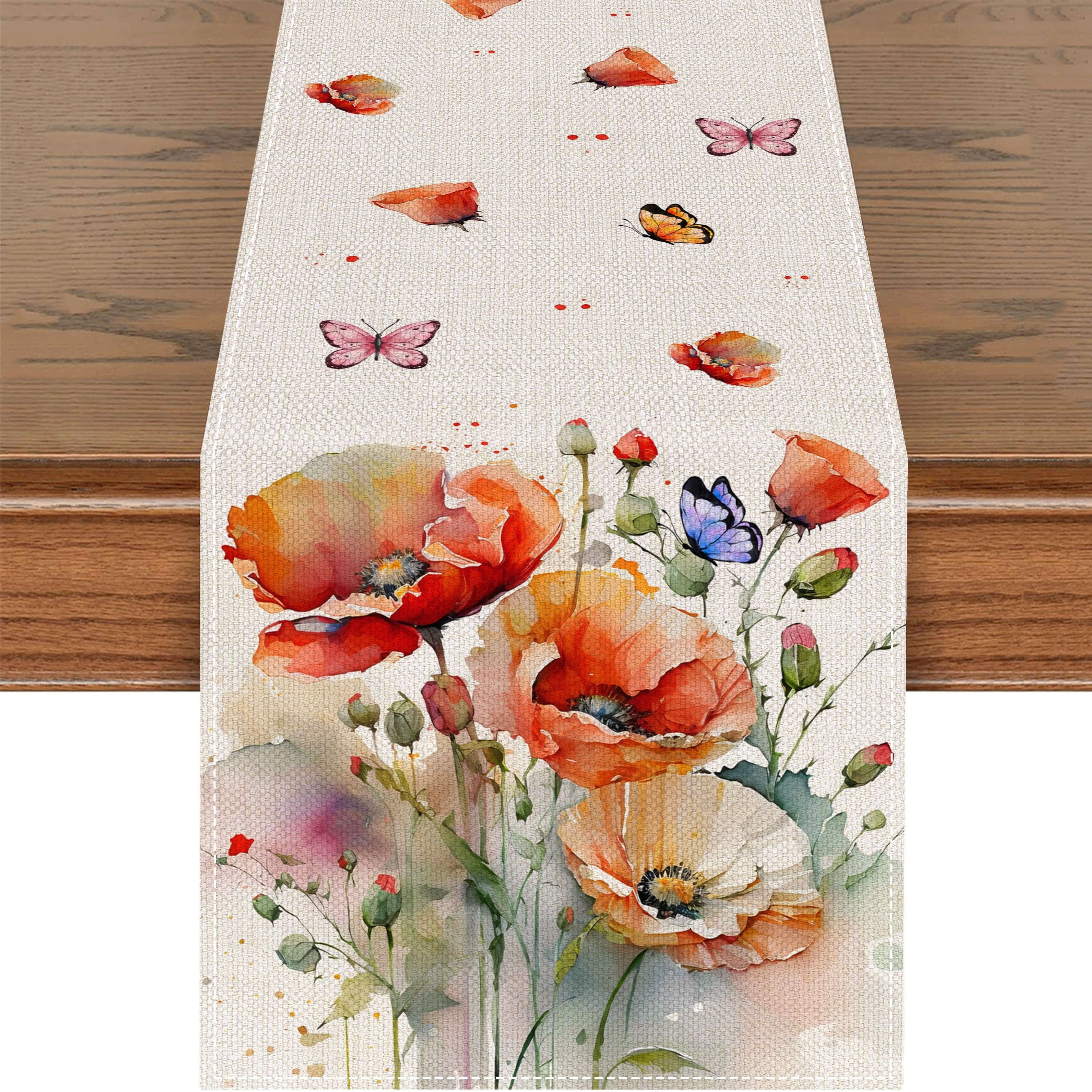 

1pc, Table Runner, Watercolor Ink Art Flowers Butterflies Colorful Printed Spring Theme Table Runner, Seasonal Spring Kitchen Table Decoration For House, Party Decoration