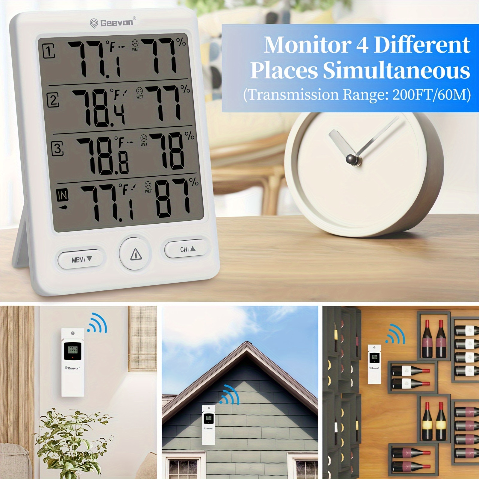 Geevon Indoor Outdoor Thermometer Wireless with 3 Remote Sensors, Digital Hygrometer Thermometer, Wireless Temperature Humidity Monitor Gauge with