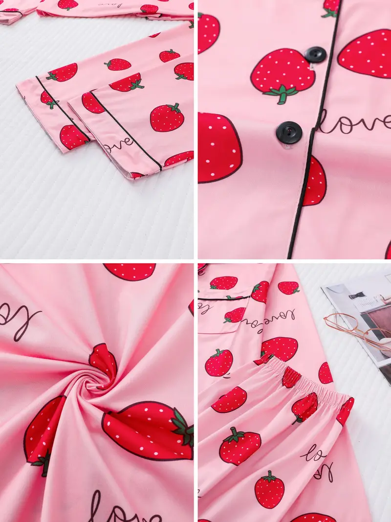 Strawberry Print Pajama Set, Long Sleeve Buttons Top & Elastic Waistband  Pants, Women's Sleepwear & Loungewear