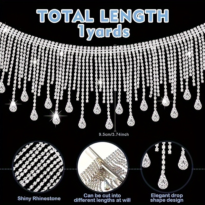 1 Yard Rhinestone Fringe Trim Silver Rhinestone Ribbon Crystal Diamond Tassel Rhinestone Trim for Sewing Crafts Clothing Accessories Jewelry DIY