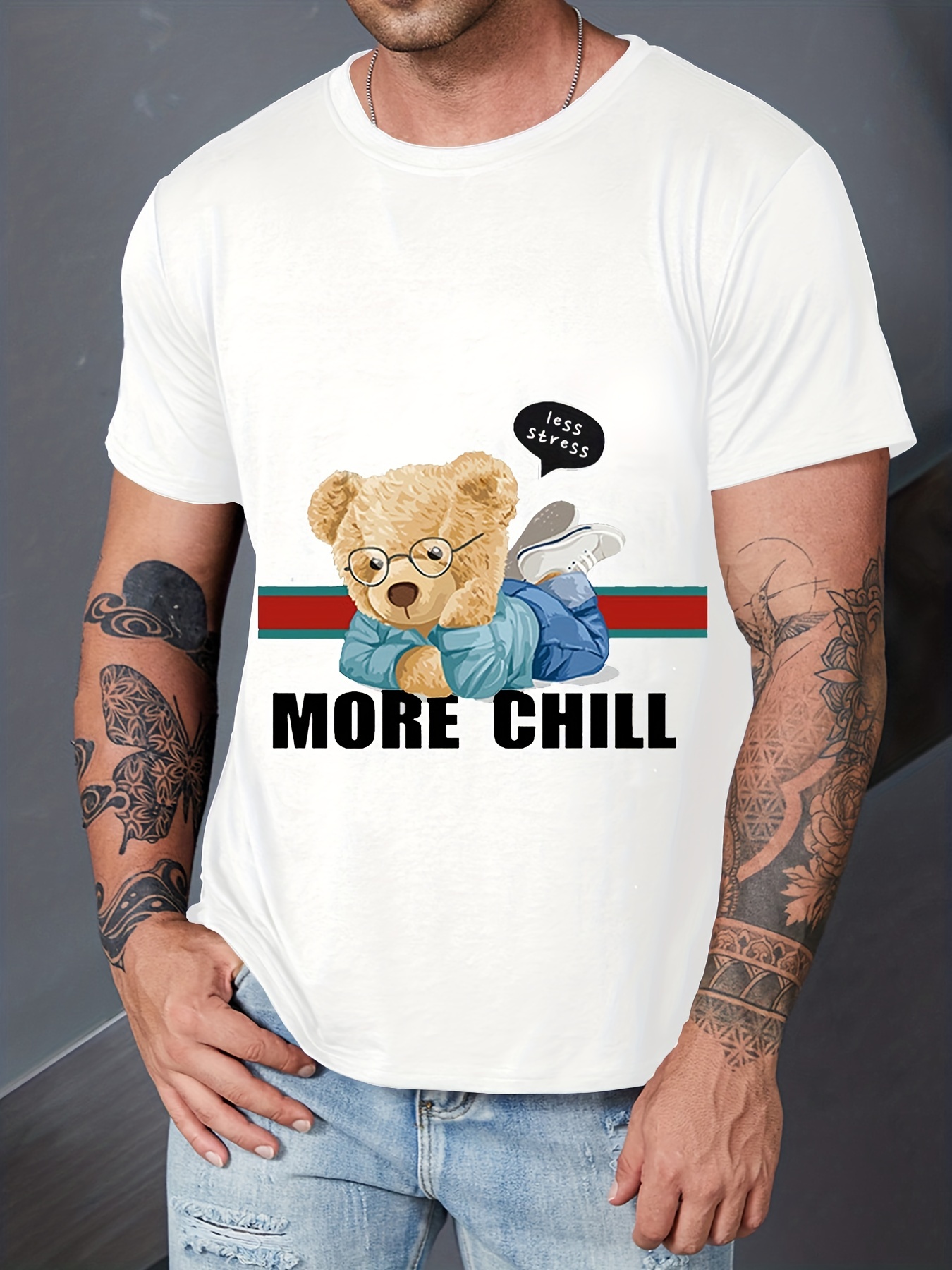 Men's Rich Teddy Bear Print Casual Round Neck Short Sleeve T-shirt - Temu