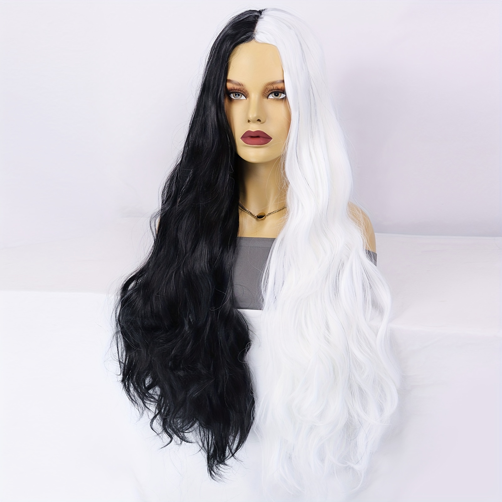 Cosplay Wigs Half White Half Black Long Wavy Hair Wigs Temu