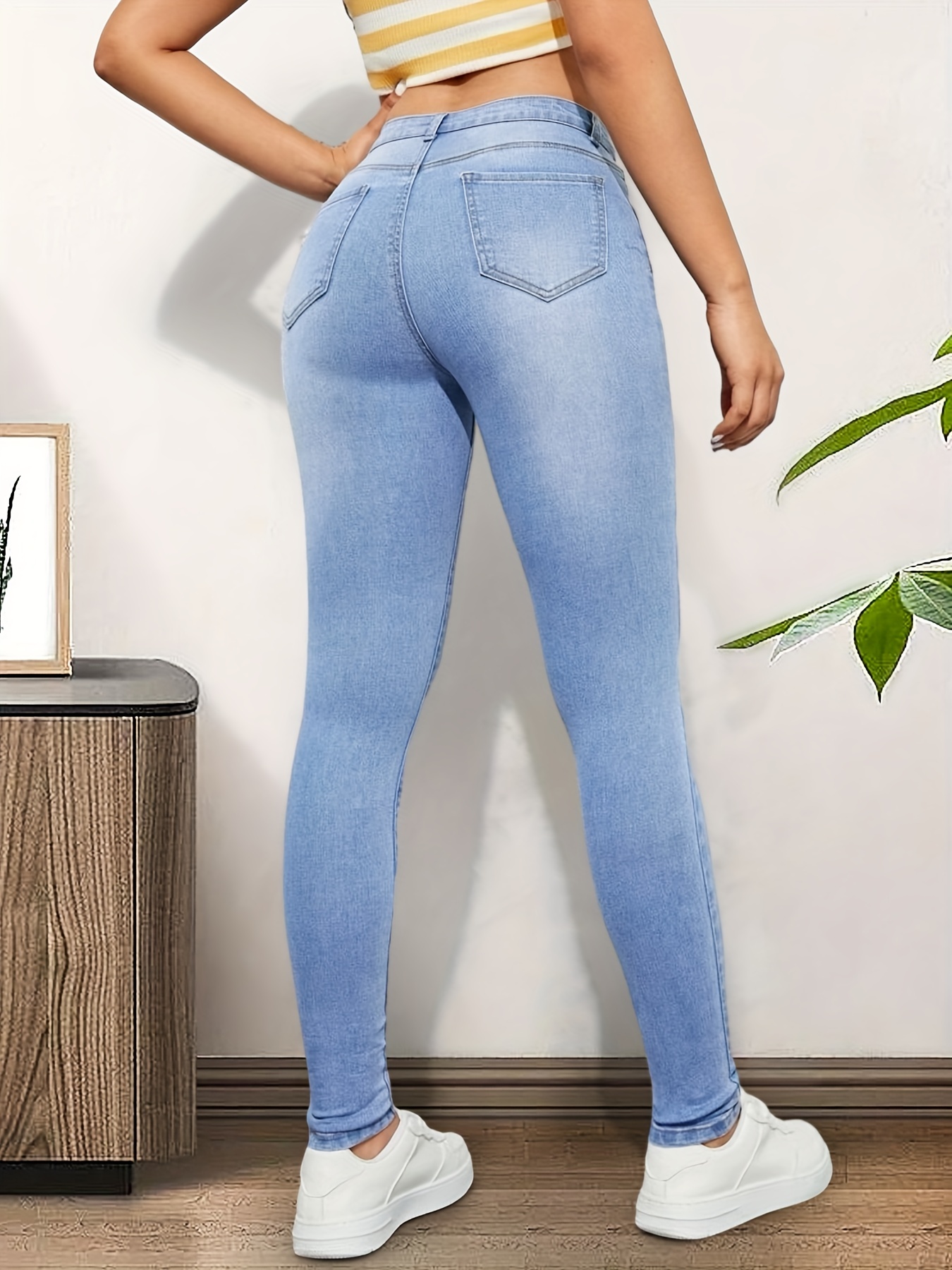 Dark Blue High Stretch Skinny Jeans, Slim Fit Slant Pockets Versatile Tight  Jeans, Women's Denim Jeans & Clothing