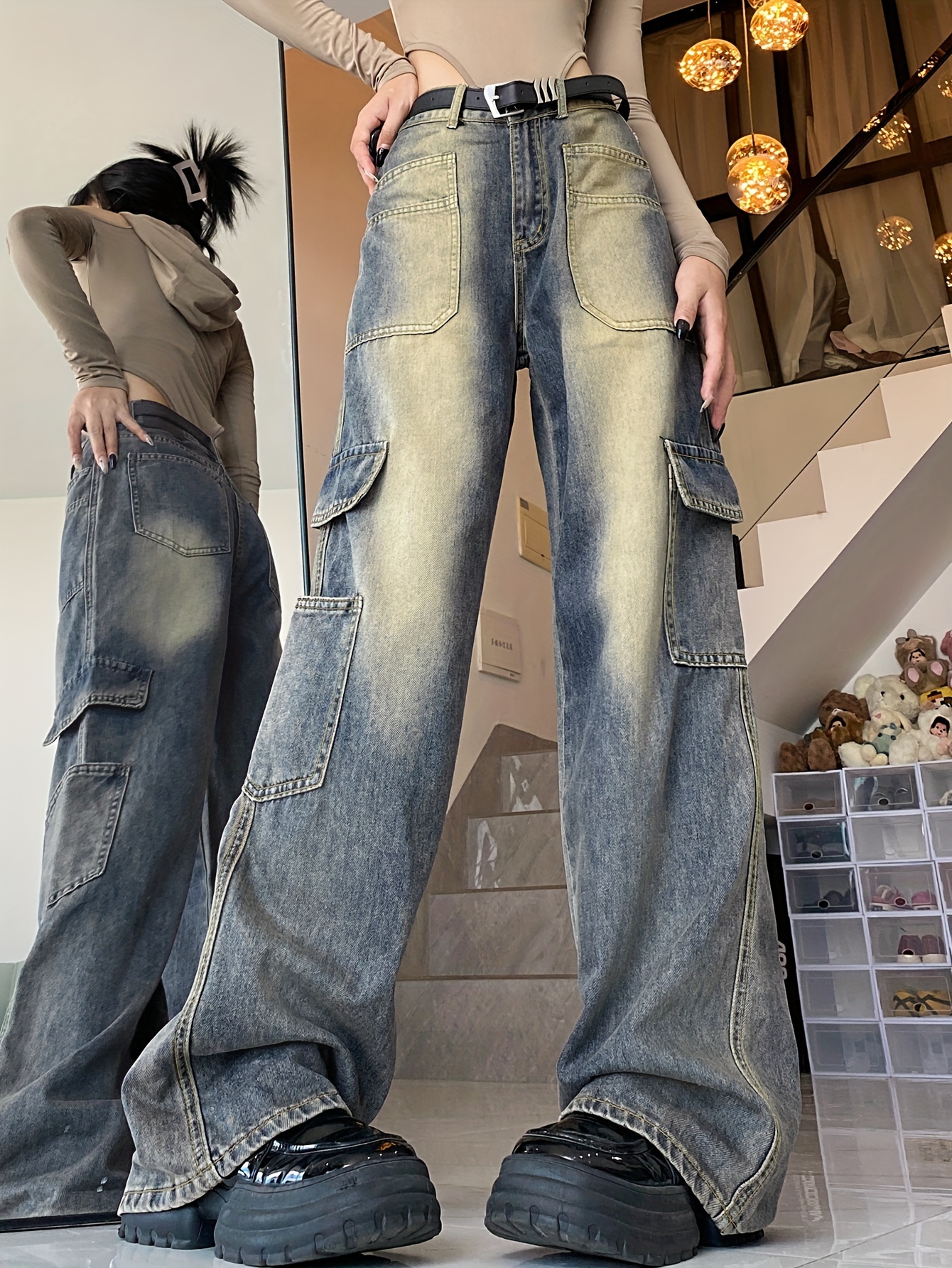 Blue Multi-Pockets Cargo Pants, Loose Fit Non-Stretch Y2K & Kpop Style  Washed Straight Jeans, Women's Denim Jeans & Clothing