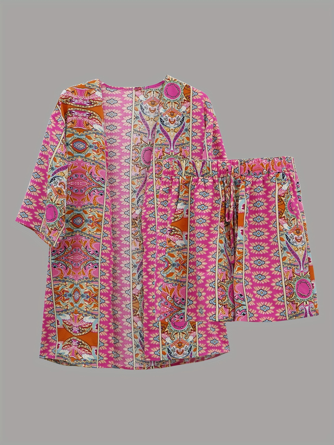 Paisley Print 2pc Set Tribal Kimono & Shorts