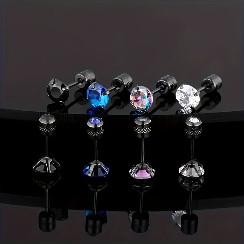 4 Pairs Stainless Steel Cubic Zirconia Stud Earrings for Men