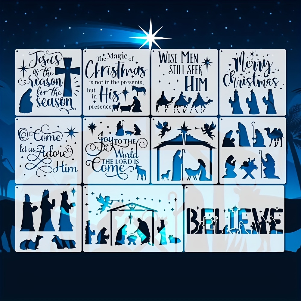 12pcs/set Christmas Stencils Template Reusable Craft Xmas Drawing Painting Toy, As Shown