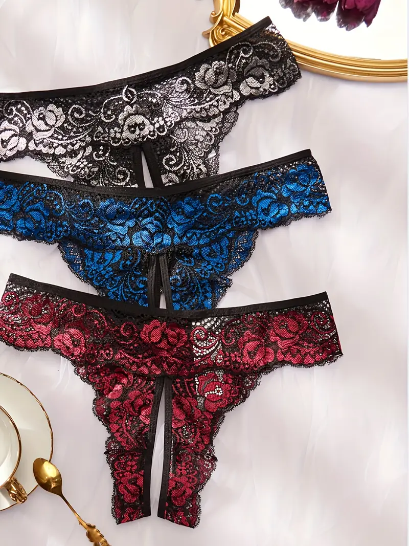Women Sexy Floral Lace Panties Bowknot Open Crotch Briefs Lingerie  Underwear